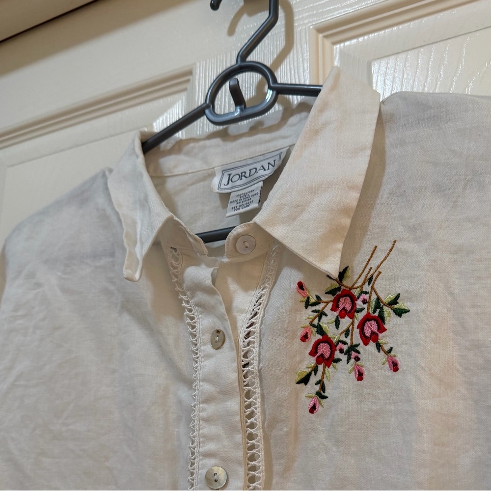 Vintage Jordan 100% Linen Embroidered Floral Blouse – Size L Romantic Boho!